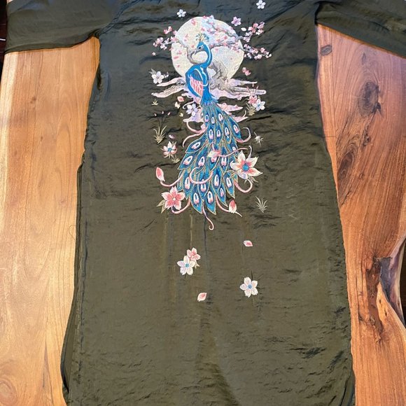 Zara Forest Green Button Down Embroidered Maxi Blouse Kimono. Size Small - Picture 9 of 15